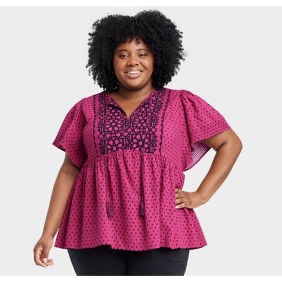 Knox Rose Tops - Knox Rose Women's Pink Embroidered Polka Dot Tassel Butterfly Sleeve Top sz 3X